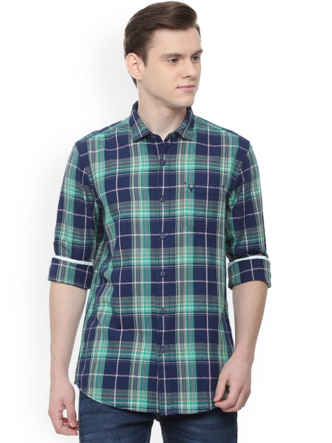 Solly Jeans Co. Men Navy Blue & Green Slim Fit Checked Casual Shirt