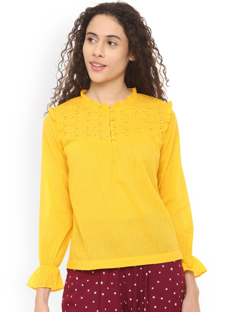 People Women Yellow Striped Boxy Pure Cotton Top