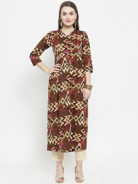 Indibelle Women Brown & Cream-Coloured Printed Kurta with Trousers