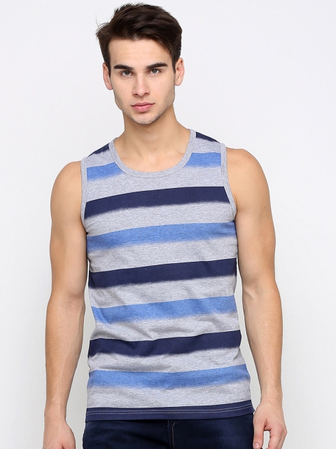 Maniac Men Grey Striped Round Neck T-shirt