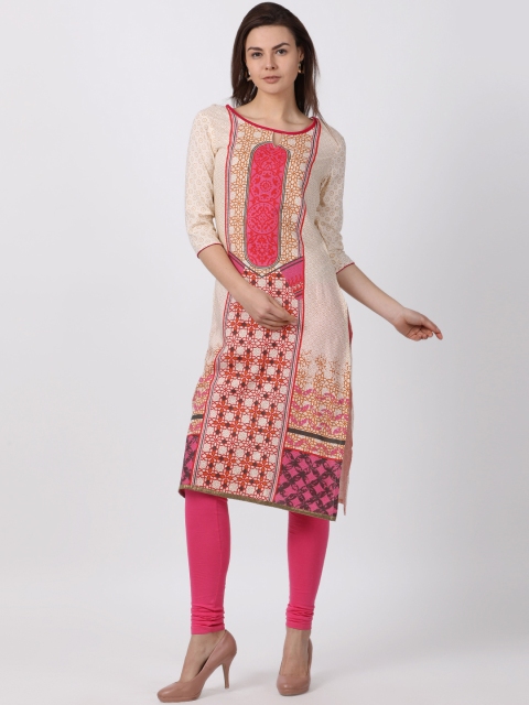 Alena Women Off-White & Pink Printed Straight Kurta