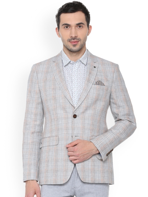 Louis Philippe Men Grey Checked Slim-Fit Single-Breasted Linen Blazer