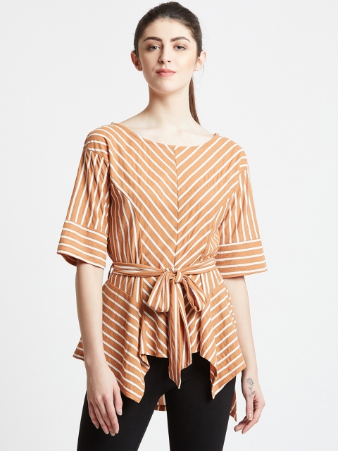 COVER STORY Women Orange Striped A-Line Top