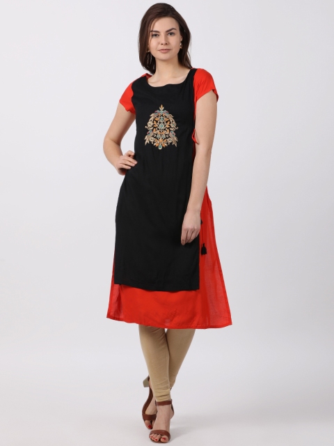 Alena Women Red & Black Solid Straight Kurta
