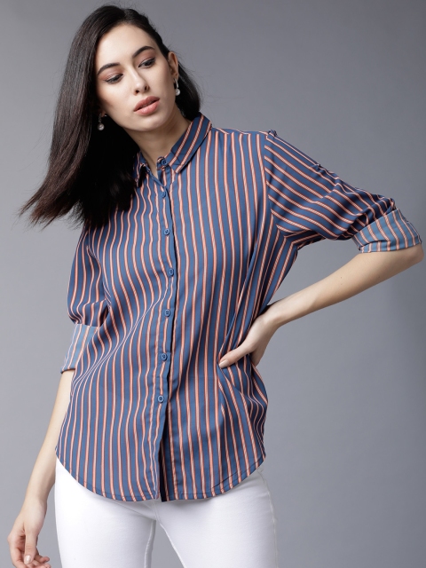 Tokyo Talkies Women Blue & Red Slim Fit Striped Casual Shirt