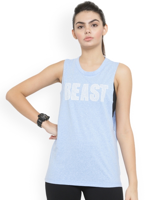 Invincible Women Blue Printed Round Neck Athleisure T-shirt
