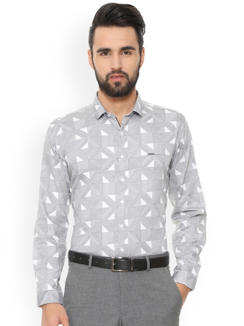V Dot Men Grey & White Slim Fit Printed Formal Shirt