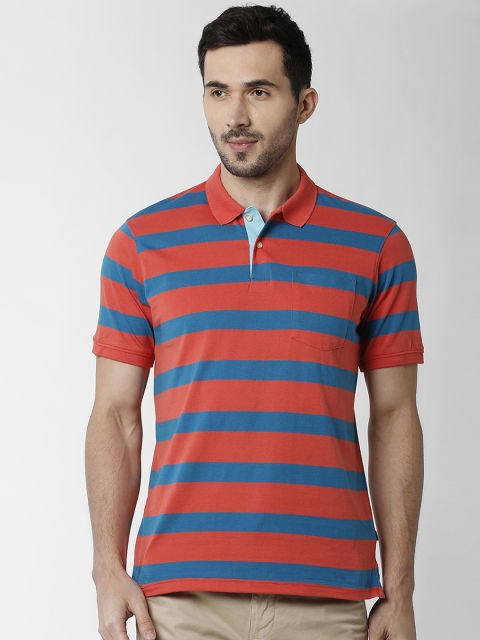 Peter England Casuals Men Orange Striped Polo Collar T-shirt