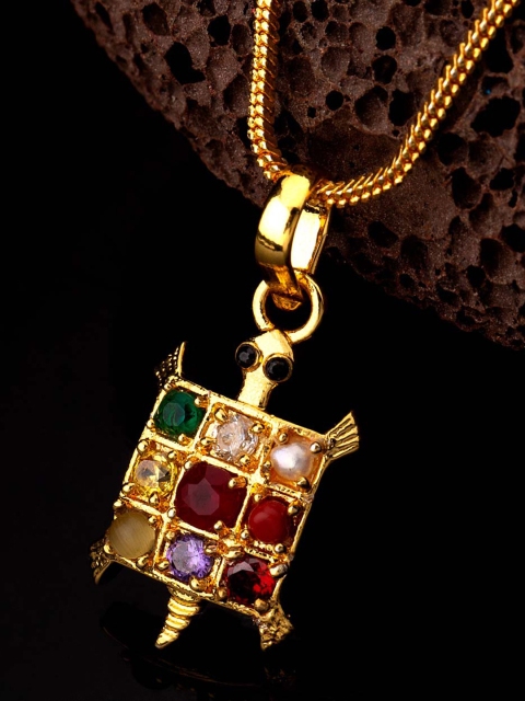 Dare by Voylla Men Gold-Plated & Multicoloured CZ-Studded Square-Shaped Pendant With Chain