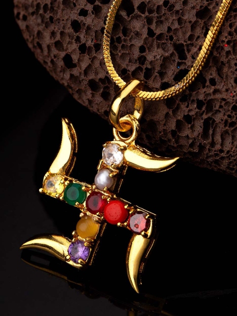 Dare by Voylla Men Gold-Plated & Multicoloured CZ-Studded Swastik-Shaped Pendant With Chain
Dare by Voylla Men Gold-Plated & Multicoloured CZ-Studded Swastik-Shaped Pendant With Chain