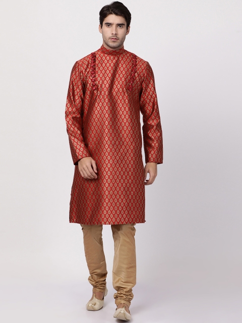VASTRAMAY Men Maroon & Beige Woven Design Kurta with Pyjamas