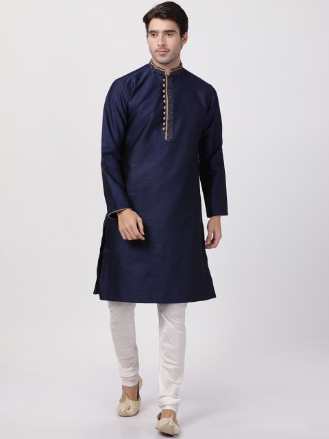 VASTRAMAY Men Navy Blue & White Solid Kurta with Pyjamas