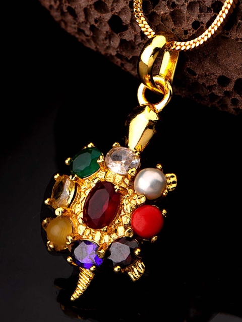 Dare by Voylla Men Gold-Plated & Multicoloured CZ-Studded Oval-Shaped Pendant With Chain
