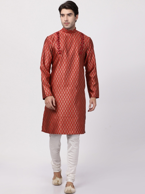 VASTRAMAY Men Maroon & Beige Self Design Kurta with Churidar