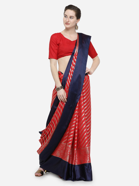 Varkala Silk Sarees Women Red & Navy Blue Silk Blend Woven Design Leheriya Saree 
Varkala Silk Sarees Women Red & Navy Blue Silk Blend Woven Design Leheriya Saree