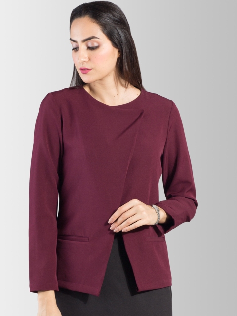 FableStreet Women Maroon Solid Asymmetric Closure Tailored Jacket