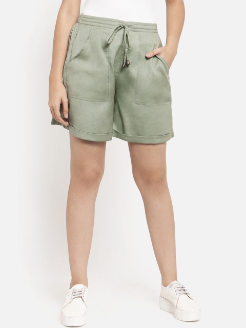 Martini Women Olive Green Solid Loose Fit Regular Shorts