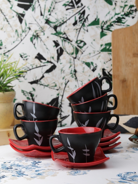 VarEesha Set of 12 Black & Red Printed Ceramic Cups and Saucers