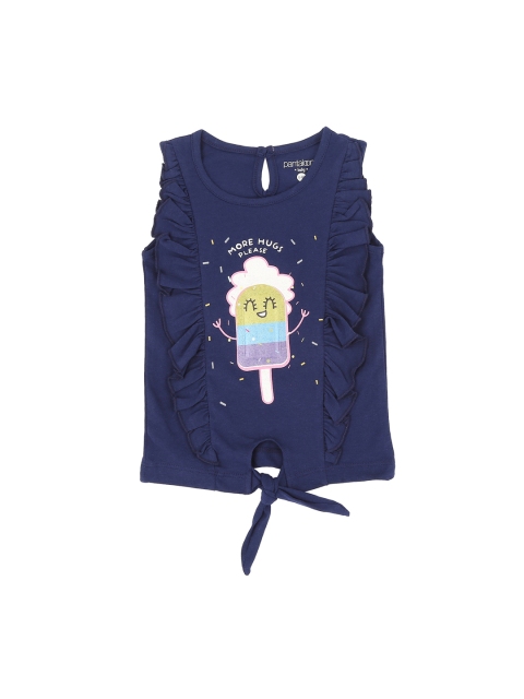 Pantaloons Baby Girls Navy Blue Printed Ruffle Pure Cotton Top