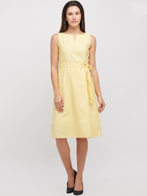 109F Women Yellow Solid Fit and Flare Dress