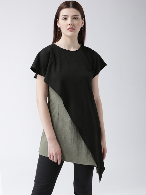 DODO & MOA Women Olive Green & Black Colourblocked Tiered Top