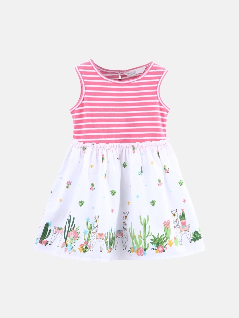 Beebay Girls White & Pink Printed Fit and Flare Dress