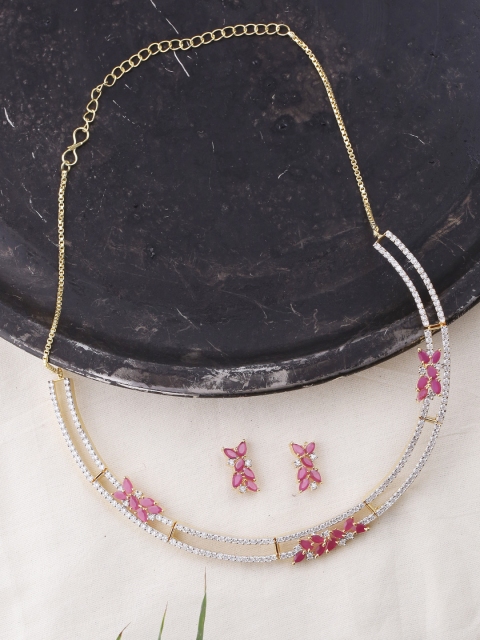 Voylla Women Brass & Gold-Plated, Red & White CZ Stone-Studded Jewellery Set