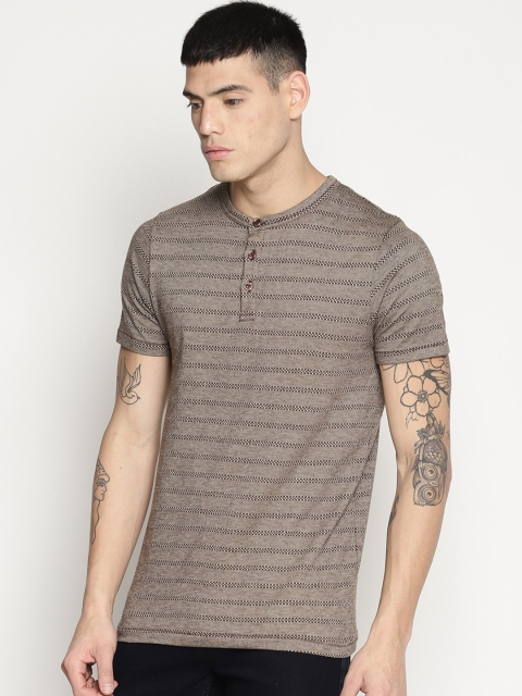 IMPACKT Men Taupe Self Design Henley Neck Slim Fit T-shirt