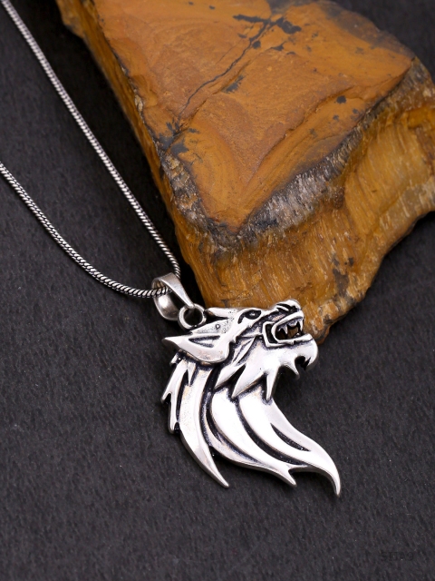 Dare by Voylla Men Oxidised Silver-Plated Wolf-Shaped Pendant With Chain