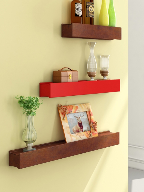Home Sparkle Brown & Red MDF Set of 3 Floating Wall Shelves
