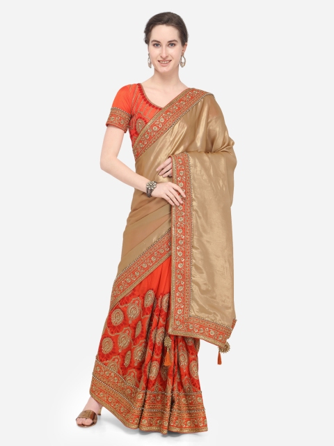 Indian Women Khaki & Orange Poly Georgette Embroidered Saree