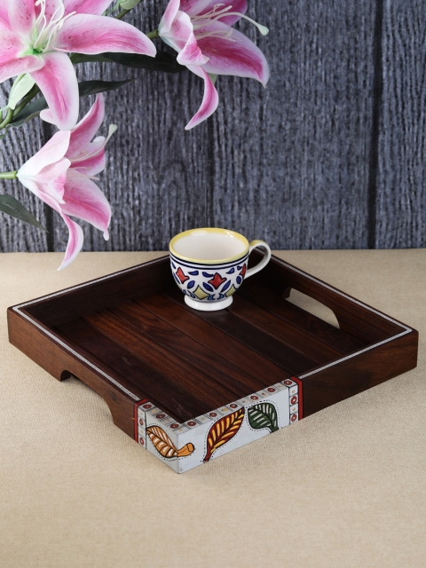 VarEesha Brown Wooden Red Leaf Square Serving Tray
