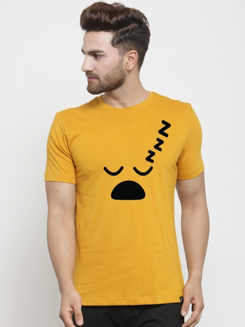 Friskers Men Mustard Printed Round Neck T-shirt