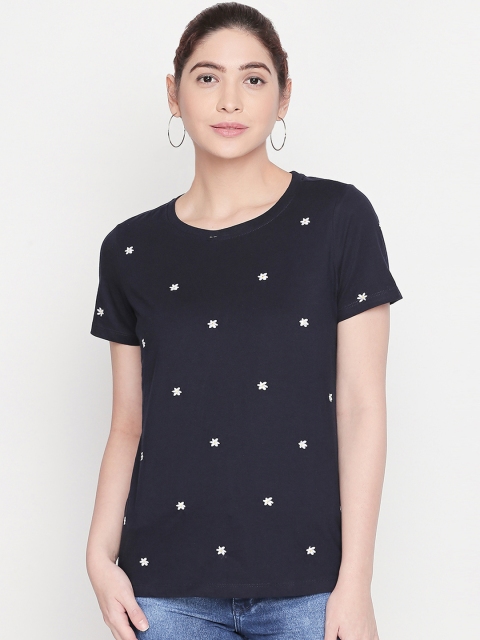 Honey by Pantaloons Women Navy Blue Embellished Pure Cotton Top