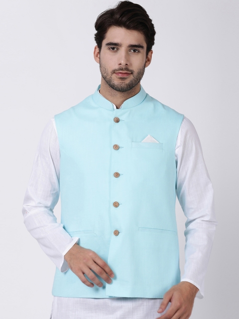 VASTRAMAY Men Blue Solid Woven Nehru Jacket