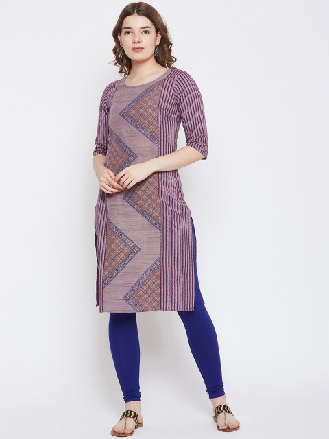 Aask Women Purple & Grey Striped Straight Kurta