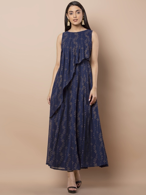 INDYA Women Blue Printed Maxi Dress