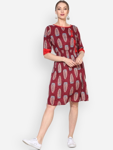 Myshka Women Maroon Printed Fit and Flare Dress