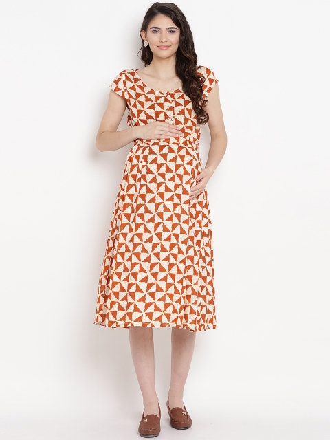 Mine4Nine Women Cream-Coloured & Rust Orange Printed Fit and Flare Maternity Dress