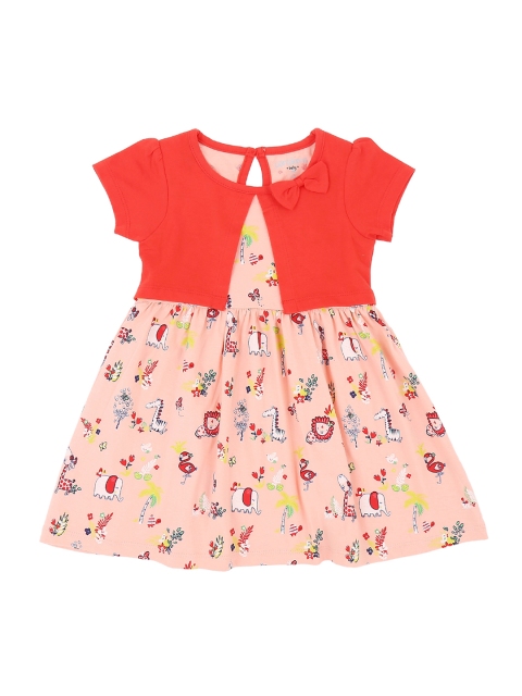 Pantaloons Baby Girls Peach-Coloured Printed Fit and Flare Dress