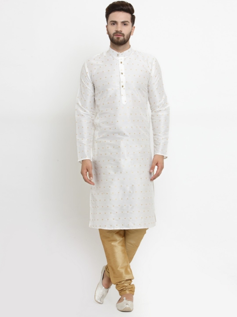 SOJANYA Men White & Gold-Coloured Self Design Kurta with Churidar