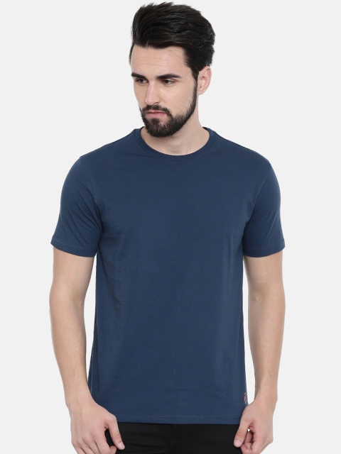 IMYOUNG Men Navy Blue Solid Round Neck T-shirt