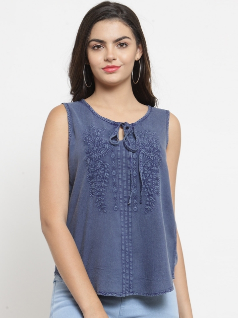 Purplicious Women Blue Embroidered Top