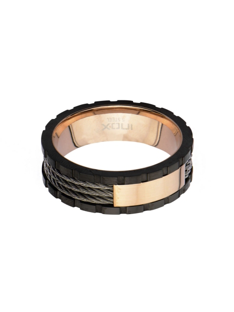 Inox Jewelry Men Rose Gold-Toned & Black Stainless Steel Cable Block Band Ring