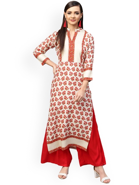 Ahalyaa Women Cream-Coloured & Red Printed Straight Kurta