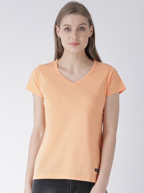 GRIFFEL Women Orange Solid V-Neck T-shirt