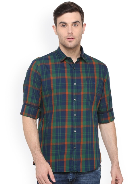 Van Heusen Sport Men Navy Blue & Green Slim Fit Checked Casual Shirt