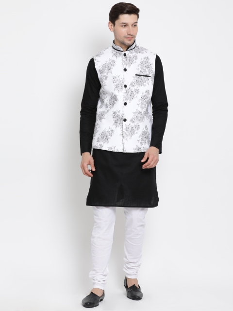 VASTRAMAY Men Black & White Solid Cotton Kurta with Pyjamas & Jacket