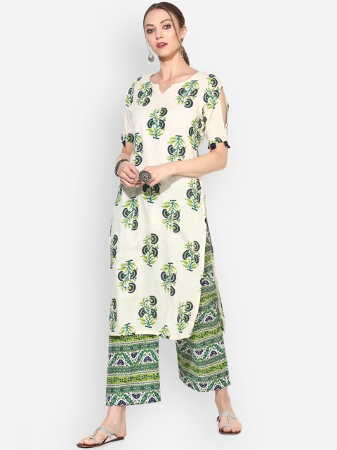 Myshka Women Green & Beige Printed Kurta with Trousers