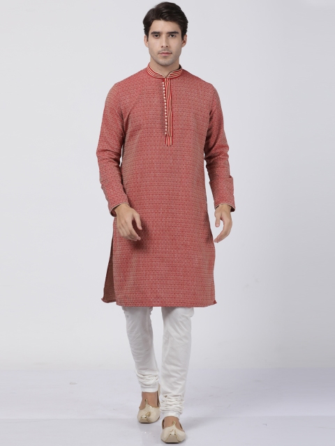 VASTRAMAY Men Red Self Design Kurta with Churidar